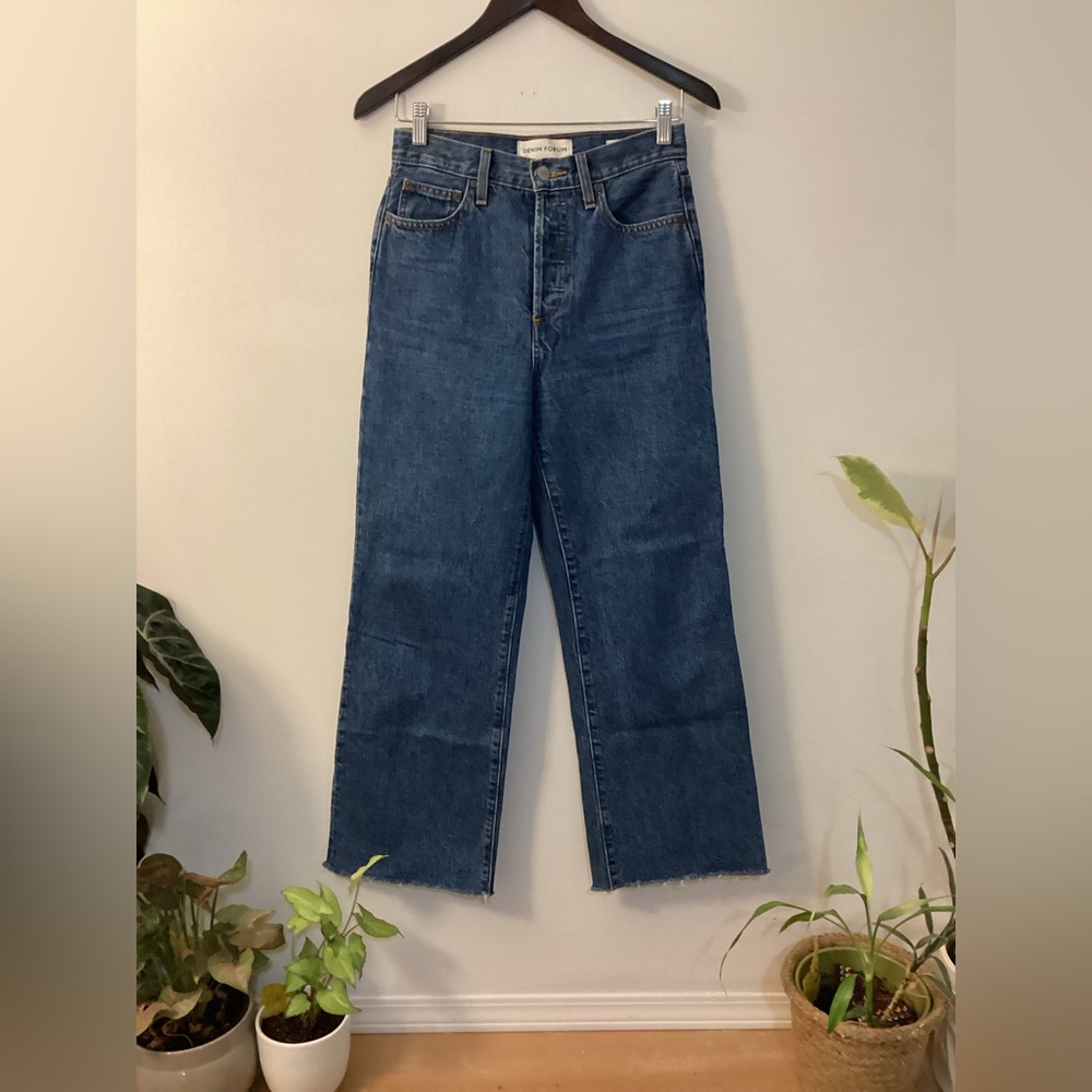 Denim Forum’s Farrah High-Rise Wide Leg raw edge cropped jeans